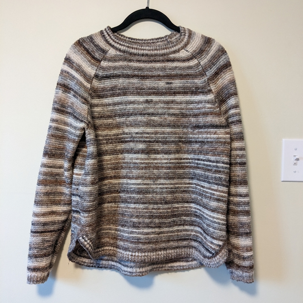 Sherpa Adventure Gear striped wool blend sweater in brown and cream, size S